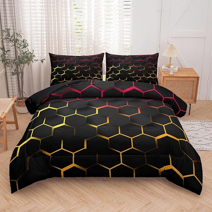 Tailor Shop Honeycomb Comforter Set King Size Geometric Hexagon Bedding Set for Kids Boys Teens Room Decor Yellow Red Black Neon Lights Comforter with 2 Pillowcases…