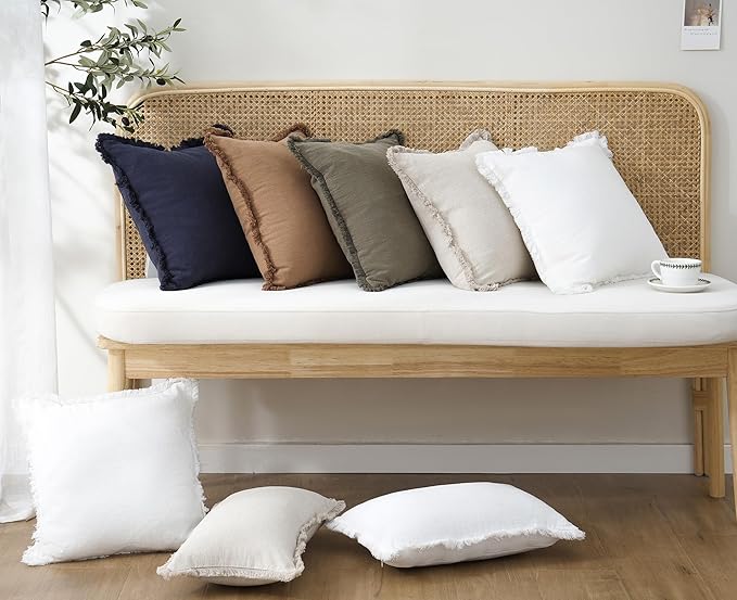 Foindtower Decorative Linen Fringe Throw Pillow Covers Cozy Boho Farmhouse Cushion Cover with Tassel Soft Accent Pillowcase for Chair Sofa Bed Living Room Home Decor, 18×18 Inch, 1PC, Cream White