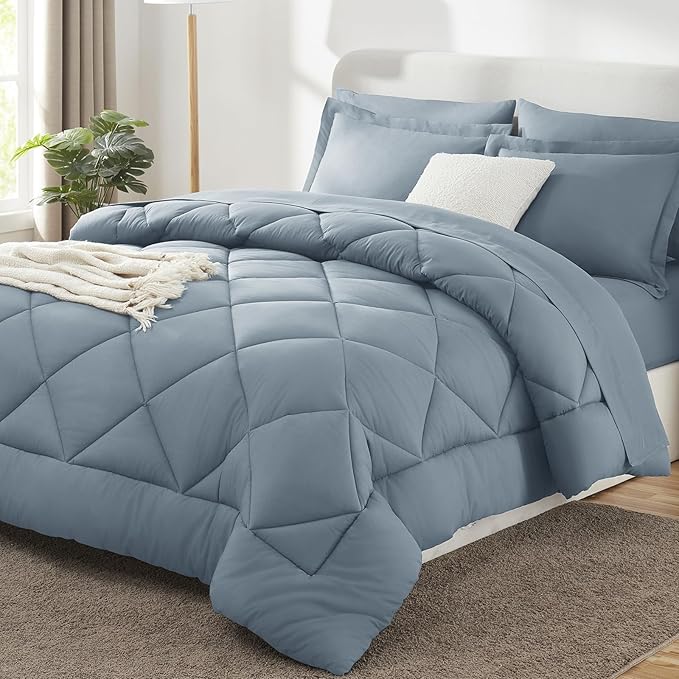 CozyLux Queen Comforter Set Dusty Blue - Bed in a Bag Queen Size 7 Pieces, Luxury Soft Bed Set for All Seasons, Bedding Set with Down Alternative Comforter, Sheets, Pillowcases & Shams, Grayish Blue