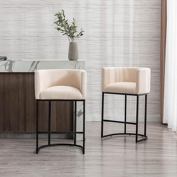 Modern Counter Height Linen Upholstered Bar Stools Set of 2, 29" Kitchen Counter Island Stools Bar Chairs with Black Metal Frame for Kitchen Island, Cream