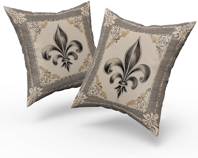 Giwawa Mardi Gras Throw Pillow Covers 16x16 Inches Vintage Country Style Fleur de Lis Print Decorative Pillow Cases Set of 2 Retro Soft Cotton Cushion Covers for Sofa Couch Bedding Holiday Decor