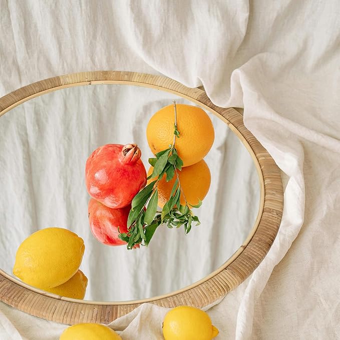 Rattan Round Wall Mirror, 28in Rattan Mirror for Wall, Rattan Frame Boho Mirror for Farmhouse Bedroom Checkroom Livingroom Decor (Natural Rattan)