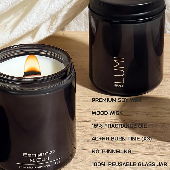 Set of 3 Scented Soy Candles Gift Set | Le Noir Collection | Men’s Cologne, Red Teakwood, Bergamot & Oud | Crackling Wood Wick | 40+ HR Burn, 7oz Each | Luxury Gift for Men & Home