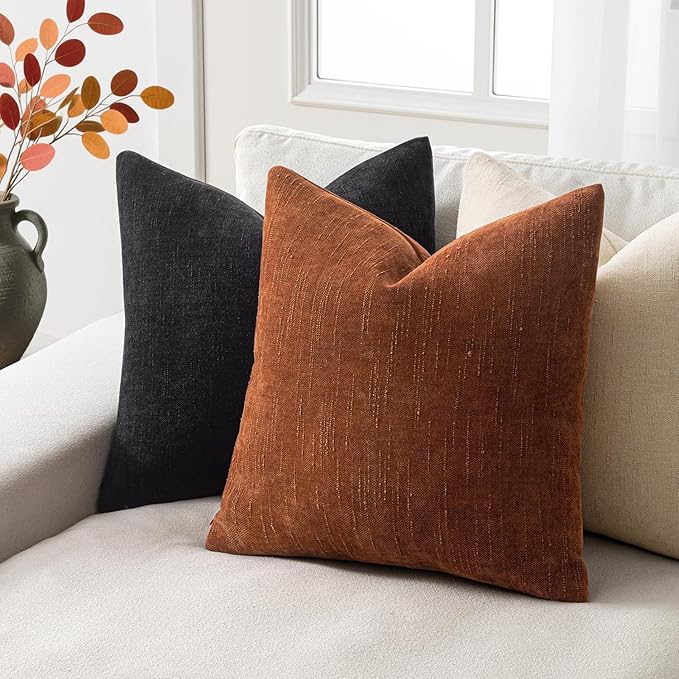 Woaboy Set of 2 Textured Throw Pillow Covers Decorative Soft Accent Square Chenille Pillowcases Neutral Farmhouse Cushions Modern Home Decor for Couch Sofa Bedroom Living Room 22x22 Inch,Black