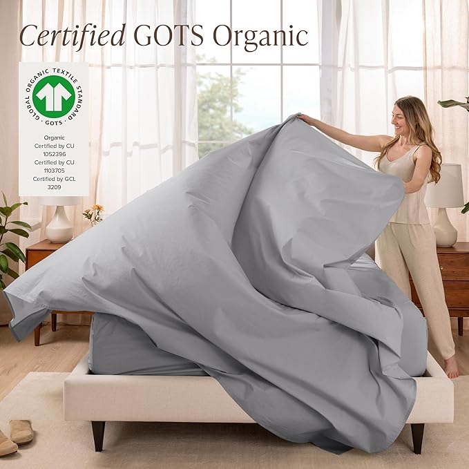 Bare Home 100% Organic Cotton Queen Sheet Set - Crisp Percale Weave - Lightweight & Breathable - Bedding Sheets & Pillowcases (Queen, Light Grey)
