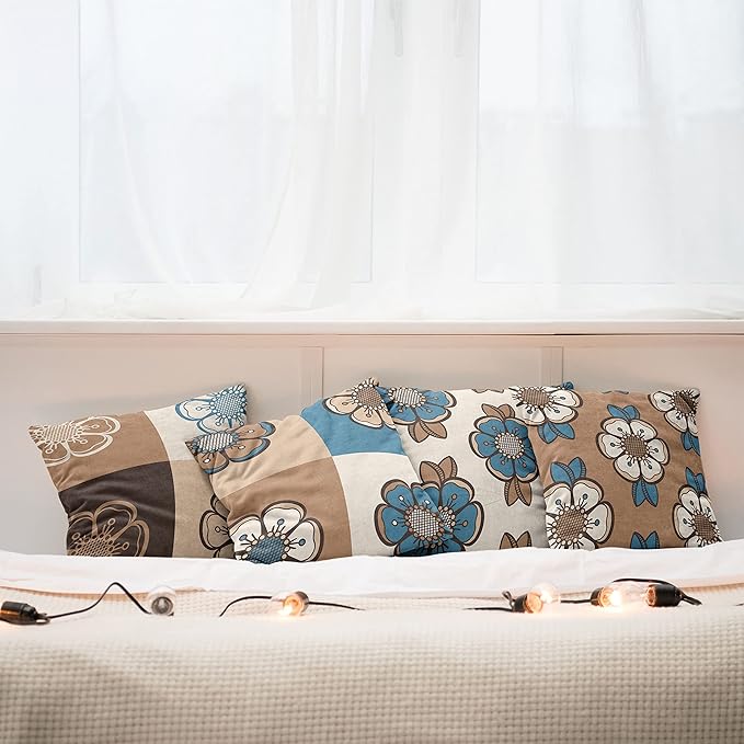 Ambesonne Retro Throw Pillow Cushion Case Pack of 4, Nostalgic Flower Petals Spring Vibes on Earthy Colors Mosaic Tile Themed, Modern Accent Double-Sided Digital Printing, 20", Sea Blue Umber and Tan
