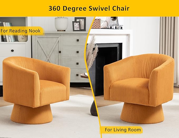 Swivel Accent Chair, Modern 360° Barrel Chair, Corduroy Upholstered Single Sofa for Living Room, Bedroom(Mustard)