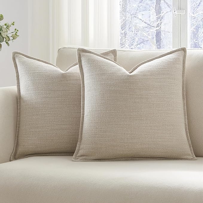 Meekio Set of 2 Linen Beige Pillow Covers 20x20, Linen Look Throw Pillow Covers with Flange Edge for Sofa Couch Living Décor