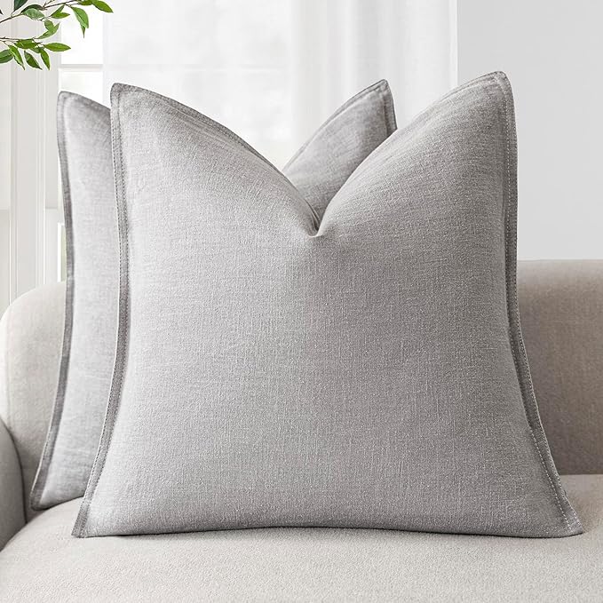 Foindtower Pack of 2, Decorative Linen Soild Throw Pillow Covers Soft Accent Cushion Case Boho Farmhouse Pillowcase for Chair Couch Sofa Bedroom Living Room Home Decor 20 x 20 Inch Light Rustic Gray