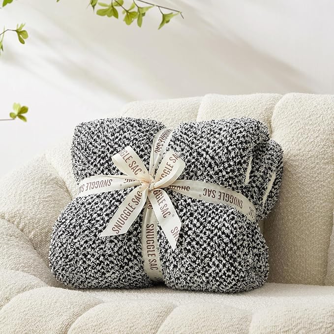 Snuggle Sac Heather Black Bedding Blankets Twin Size, Reversible Super Soft Large Cozy Blankets for Bed, Warm Cozy Knit Fuzzy Blankets for Sofa, Living Room, Heather Black, 60x80 inches