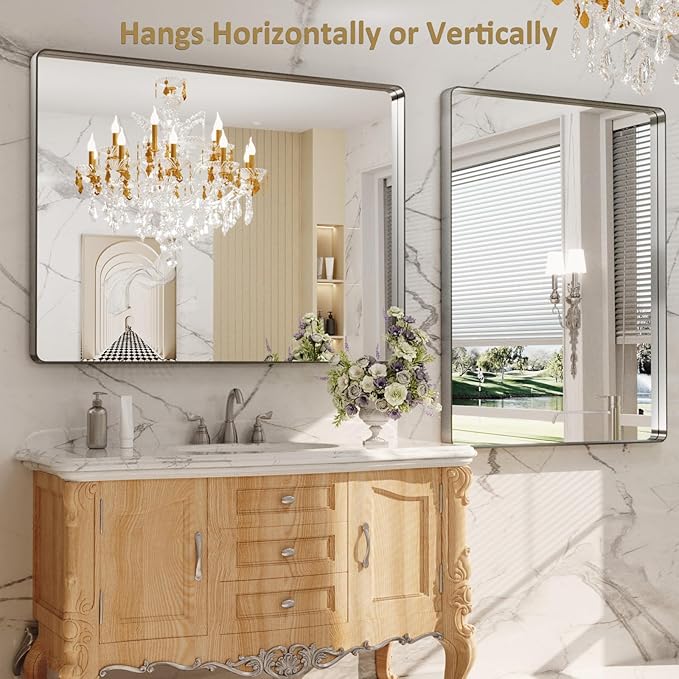 LOAAO 48X36 Inch Brushed Nickel Bathroom Mirror, Rounded Rectangle Silver Metal Frame Mirror, Brushed Nickel, Anti-Rust, Shatter Proof, Hangs Horizontally or Vertically