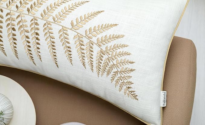 Rudransha 12x18 Ivory Cotton Lumbar Pillow Cover - Beige Fern Leaf Embroidery - Decorative Rectangular Throw Cushion Case for Couch, Sofa, Bed, Living Room - Boho Farmhouse Home Decor