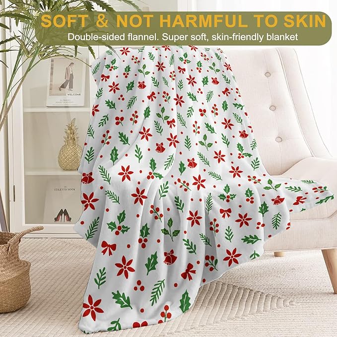 Christmas Decorative Blanket, Poinsettia and Holly Leaf Print Throw Decoration, Soft Flannel Winter Blankets for Couch Bed Sofa, Holiday Home Decor, Xmas Festival Gifts White 40x50 Inch