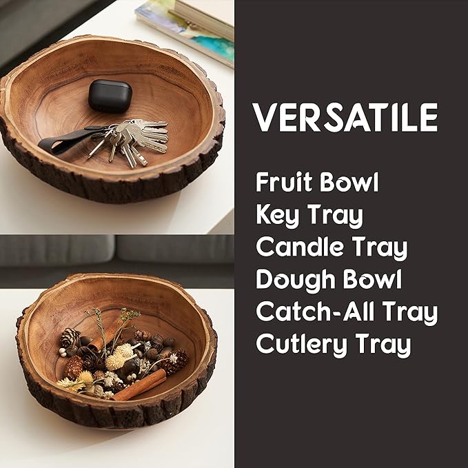Wood Fruit Bowl for Kitchen Counter - Large Decorative Key Tray for Entryway Table - Wooden Holder Basket for Candy and Office (10.5 Inch)