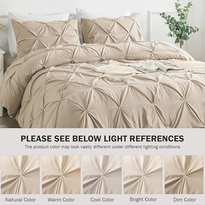 Andency Full Comforter Set Khaki, 3 Pieces Pinch Pleat Bedding Comforters & Sets, Pintuck Lightweight Fluffy All Season Bed Set for Women Men Girls(79x90Inch)