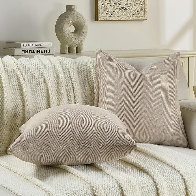 FUTEI Oatmeal Chenille Throw Pillow Covers 22x22 Inch Set of 2,Soft Wide Chevron Textured Cushion Case,Farmhouse Home Decor for Couch Living Room
