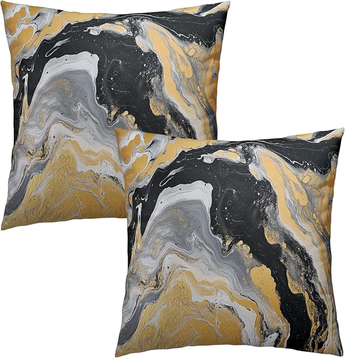 Black Yellow Marble Pillow Covers - Grey Silver Marbles Throw Pillow Covers Abstract Fluid Art Ink Pillowcases 16x16 Set of 2 Decorative for Couch Sofa Car Bedroom