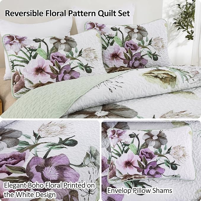 Floral Quilt Set King 3 Pieces Boho Green Quilt Coverlet Set Soft Microfiber Lightweight Green Floral Quilted Bedspread for All Season 104"x90"