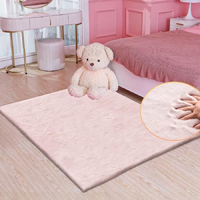 Pink Faux Fluffy Rabbit Fur Rug for Living Room Shag Washable Rug Area Rugs for Bedroom 3x5 Nursery Rugs