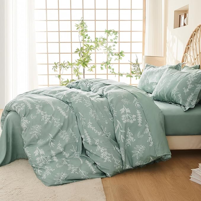 MUXHOMO King Comforter Set 7 Pieces, Sage Green Elegant Floral Print Bed in a Bag King, Ultra Soft & Breathable Reversible Botanical Pattern Bedding Set with Comforter, Sheets, Pillowcases, and Shams