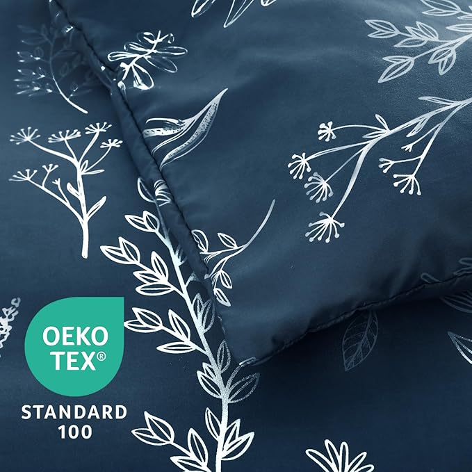 MUXHOMO Navy Blue Full Comforter Set, Elegant Floral Print Bed in a Bag 7 Pieces, Ultra Soft & Breathable Reversible Botanical Pattern Bedding Set with Comforter, Sheets, Pillowcases, and Shams