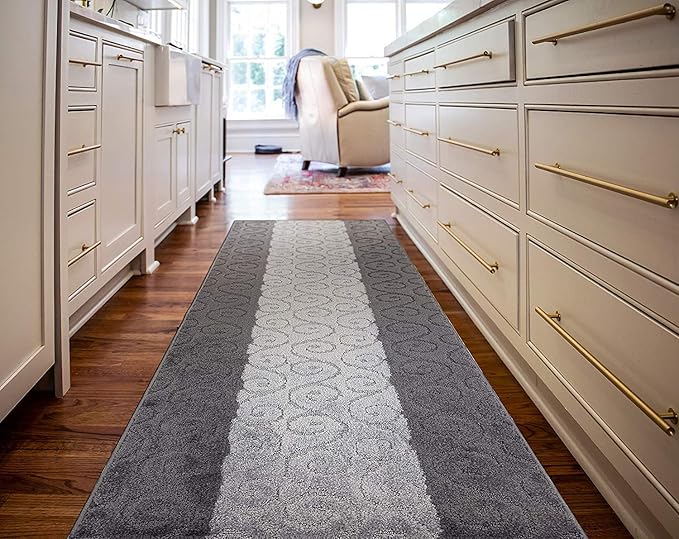 Custom Size Modern Runner Rug Carpet for Hallway Entryway Foyer Kitchen, Slip Resistant Latex Rubber Backed 31 inch Wide X Customized Length, Scroll Grey, 31 inch X 19 feet