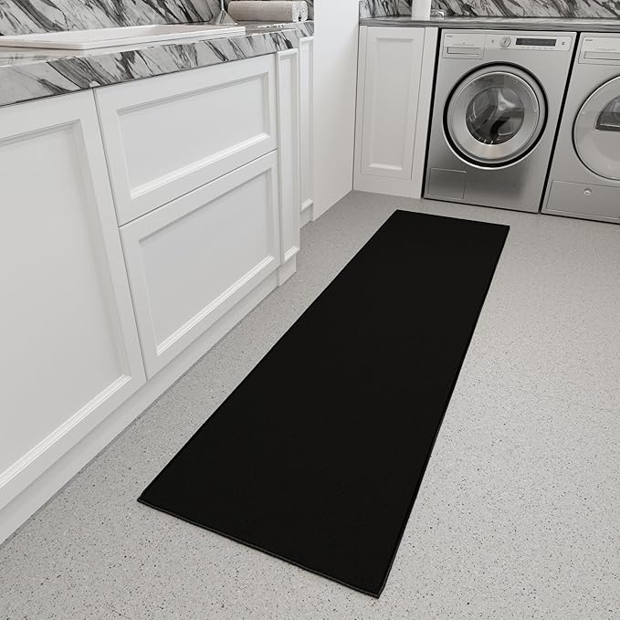 Ottomanson 2x9 Non Slip Hallway Runner Rug with Rubber Backing - Solid Modern Kitchen Rug for Bedroom or Living Room, Black, 2' x 9'