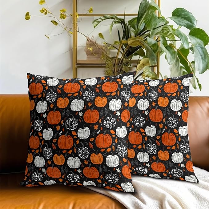 Fall Pillow Covers 20x20 - Thanksgiving Throw Pillow Covers 20x20 Pumpkin Maple Leaves Pillowcase Set of 2 Botanical Autumn Cushion Cover for Sofa Home