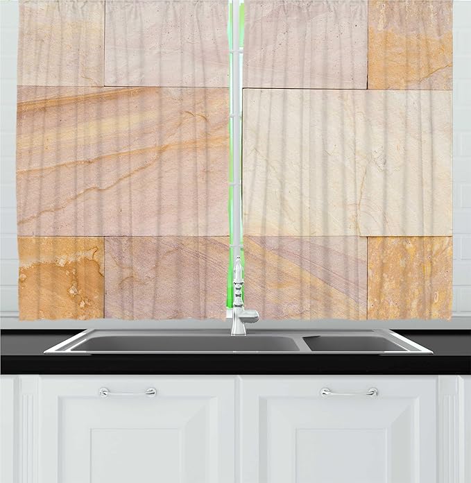 Lunarable Architecture Kitchen Curtains, Continuing Design of Sandstone Design Geometric Rectangles, Window Drapes 2 Panel Set for Kitchen Cafe Decor, 55" x 30", Almond Eggshell and Pale Tan