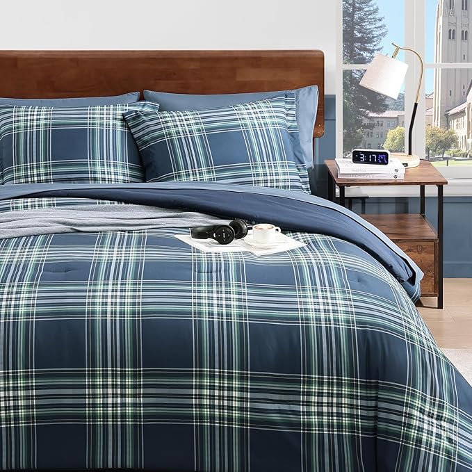 Plaid Queen Comforter Set, Midnight Blue Bedding Set 7 Pieces for Boys Girls Teen, Classic Farmhouse Bed in a Bag with Sheets, Pillowcases & Shams