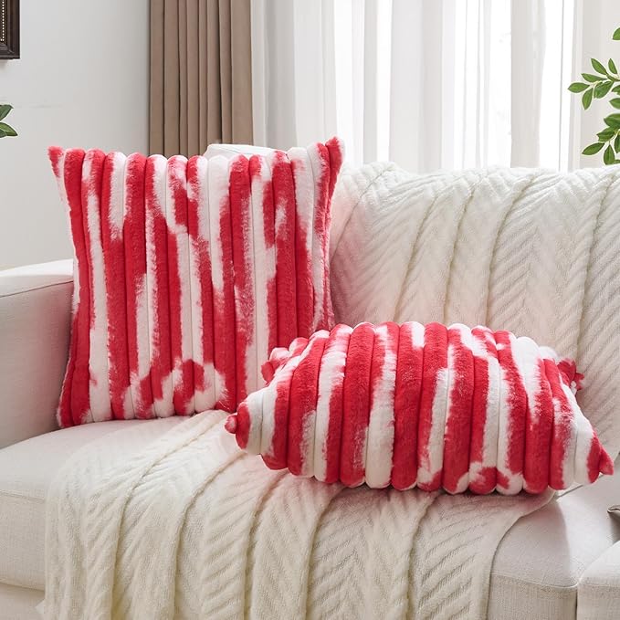 FUTEI Red Decorative Throw Pillow Covers 26x26 Inch Set of 2, Soft Tie-Dye Faux Rabbit Fur Striped Texture Euro Pillow Sham, Modern Home Decor for Couch Bed Living Room