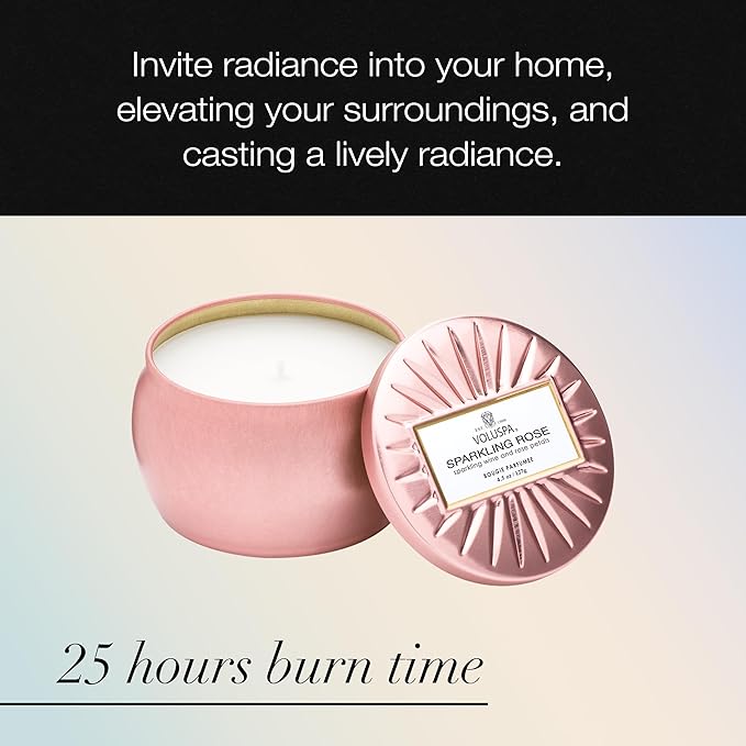 Voluspa Sparkling Rose, Mini Tin Candle, 4 Ounce, 25 Hour Burn Time, Coconut Wax for Clean Burning, Handcrafted in The USA