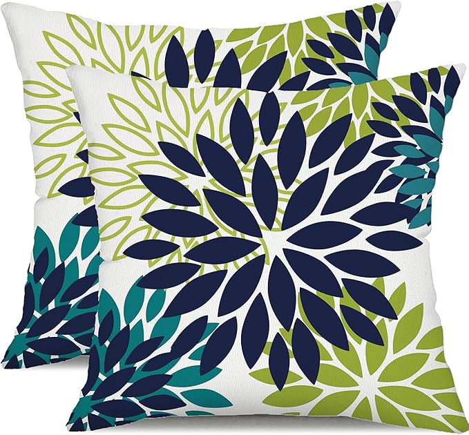 DFXSZ Navy Blue Flower Pillow Covers 20x20 Inch Set of 2 White Gray Colored Throw Pillows Outdoor Waterproof Decor for Living Room Sofa Patio Funiture Garden Floral Polyester Pillow Covers 002P20