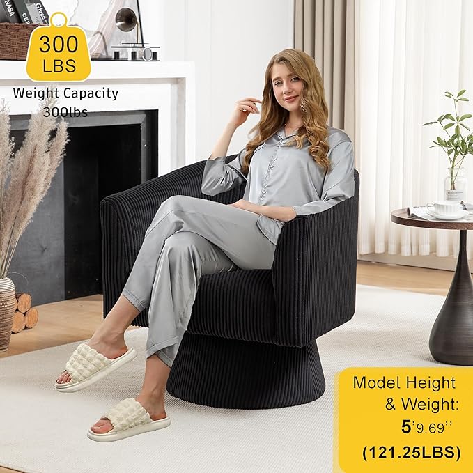 Swivel Accent Chair, Modern 360° Barrel Chair, Corduroy Upholstered Single Sofa for Living Room, Bedroom(Black)