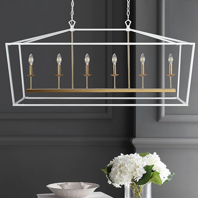 JONATHAN Y JYL7439E Pagoda 49" 6 Light Linear Classic Traditional Metal LED Pendant Farmhouse Dining Room Living Room Kitchen Foyer Bedroom Hallway, 49 in, White/Brass Gold