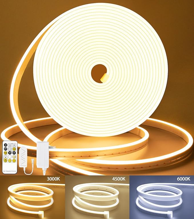 Lamomo LED Strip Lights, Tunable White Neon Rope Lights with Remote, 32.8Ft Dimmable 3000K-6000K Flexible Led Light Strip, Waterproof Silicone 24V Neon Lights for Bedroom Home Decor Warm White