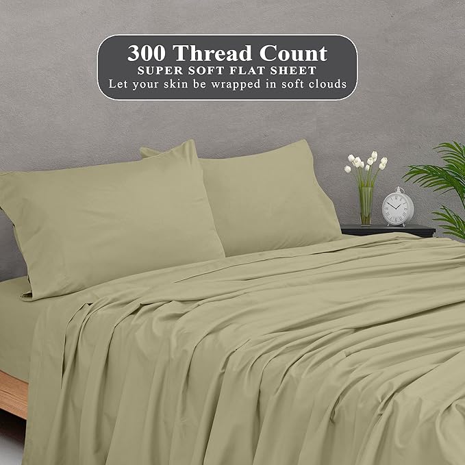 Royale Linens 300 Thread Count 100% Long Staple Combed Cotton Flat Sheet - Super Soft - Top Sheets - Twin Flat Sheet Sold Separately - Breathable, Cool & Crisp Percale Sheets Only (Twin, Sage Green)