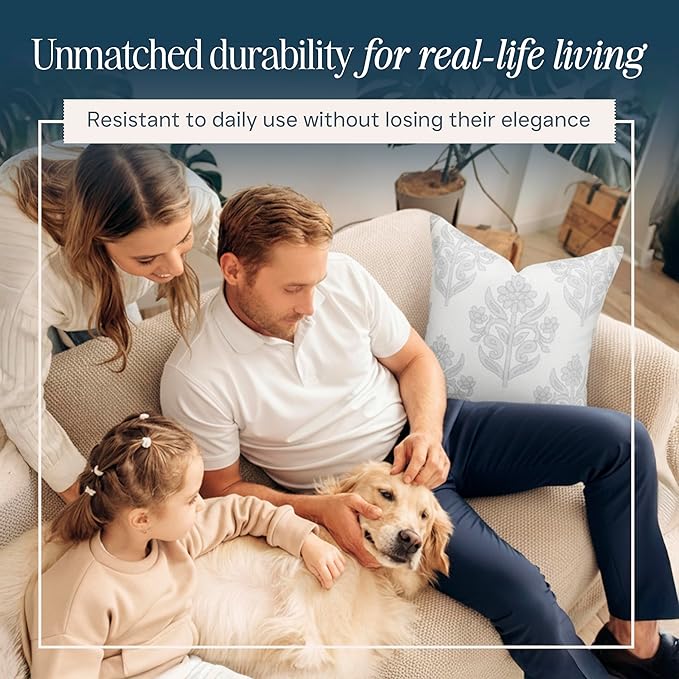 “The Naples” Floral Block Print Pillow Cover – Soft Grey and Off-White Decorative Throw Pillow Cover – Grandmillennial Home Decor, 20" x 20"