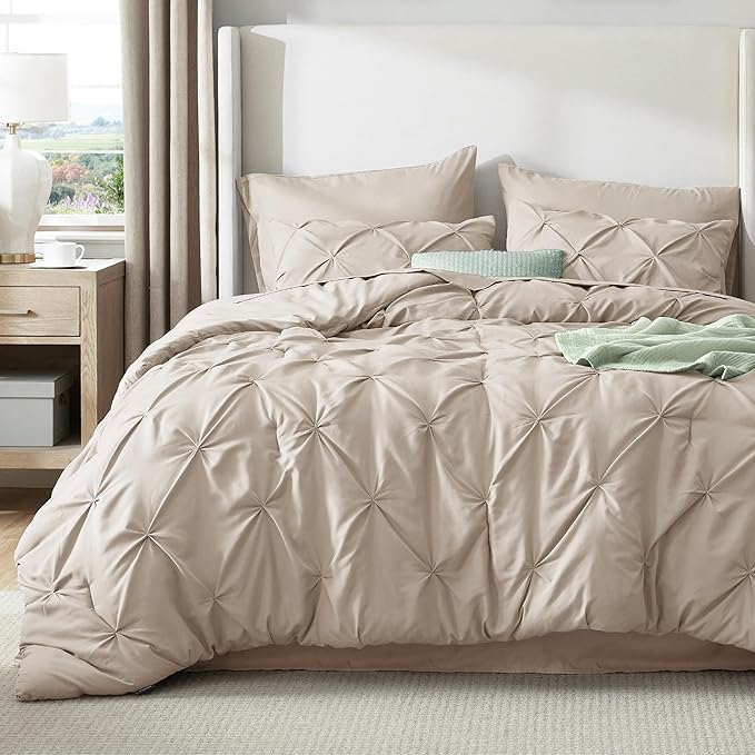 Bedsure Full Comforter Set Beige - Bed in a Bag Full Size Bedding Set 7 Pieces, GentleSoft™ Pintuck Bed Set Gift for Family, Pinch Pleat Beige Comforter with Sheets, Pillowcases & Shams