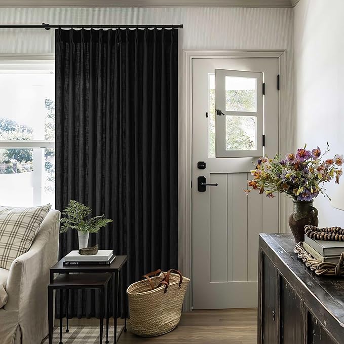 Pinch Pleated Linen 102 Inch Curtains 70 Inch Width for Living Room Divider Light Filtering Semi Sheer Black Extra Wide Patio Curtains for Sliding Door Floor Ceiling Picture Window 70x102 1 Panel