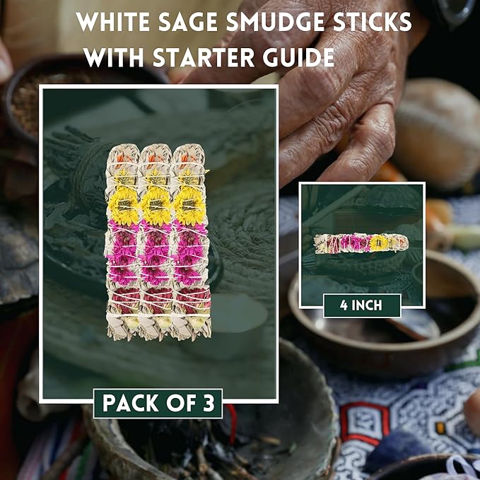Ancient Veda Joy Organic White Sage Smudge Sticks with Flowers for Cleansing Home, Meditation, Yoga, Healing and Smudging | Sustainably Sourced California White Sage Bundles (3 Pack - 4 Inch)