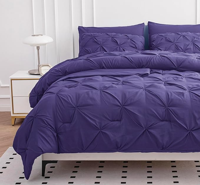 LANE LINEN Full Comforter Set – 7 Piece Bed in a Bag – Pinch Pleated Full Size Bedding Set with Comforter, Flat Sheet, Fitted Sheet, Pillowcase & Sham – Soft Pintuck Bed Set - Purple