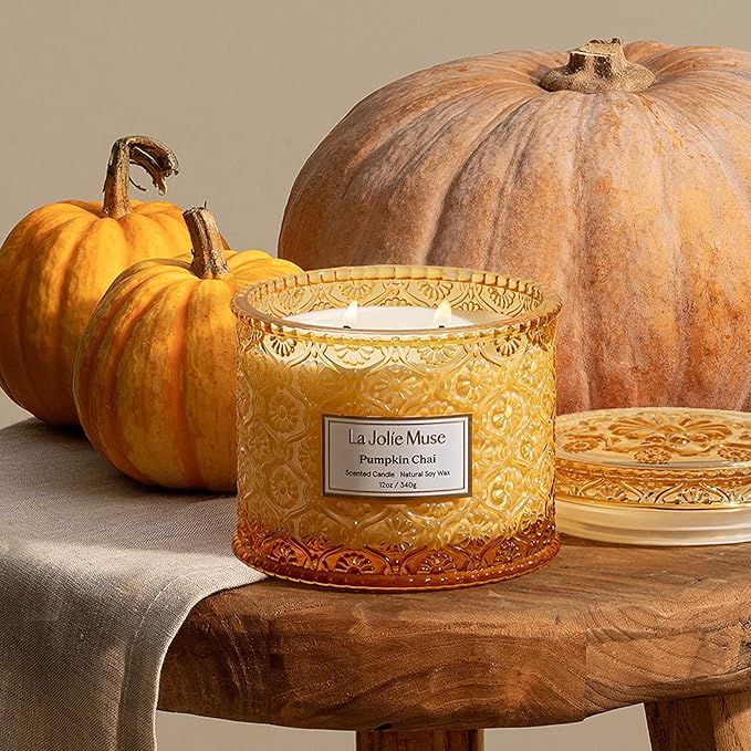LA JOLIE MUSE Fall Candles – Pumpkin Candle with Spicy Chai & Vanilla | 12 oz Double Wick Soy Candle | 60 Hours Clean Burn | Autumn Home Décor & Hosting Gift