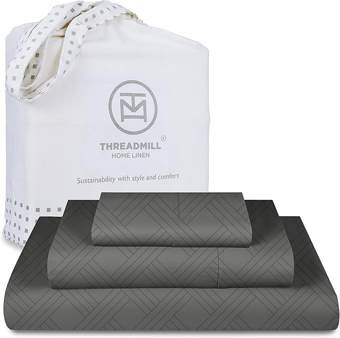 Threadmill Twin Bed-Sheets - 800 Thread Count Jacquard Celine Dark Grey, 100% Natural Cotton 3 Piece Striped Bed Set, Extra Long Staple Cotton, Comfy Damask Sheets with Elasticized Deep Pocket