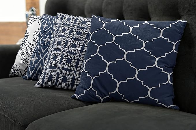 Ambesonne Vintage Throw Pillow Cushion Case Pack of 4, Quatrefoil Mesh Medieval Lattice Ornaments Ethnic Motive and Dahlia Flowers, Modern Accent Double-Sided Digital Printing, 24", Night Blue White