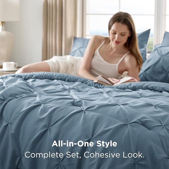 Bedsure Queen Comforter Set Mineral Blue - Bed in a Bag Queen 7 Pieces, Pintuck Bedding Sets Gift for Christmas, Pinch Pleat Bed Set with Queen Size Comforter, Sheets, Pillowcases & Shams