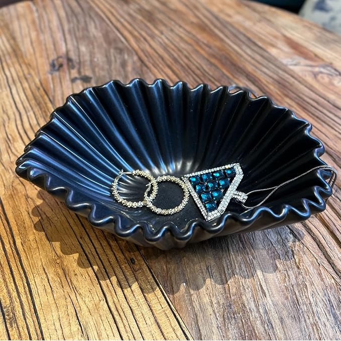9.45 Inch Decorative Bowl, Black Modern Ceramic Decorative Bowl for Kitchen Counter Dining Table Centerpiece,Ruffle Ceramic Fruit Bowl Key Bowl Candy Bowl Farmhouse Home Decor