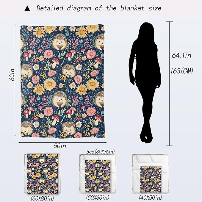 Hedgehog Blanket - Cute Floral and Mushroom Fleece Throw,Gifts for Kids Adult, Soft & Warm,Lightweight, for Modern Rustic Whimsical Decor, Animal Lovers, and Room Home Accents 60x80in