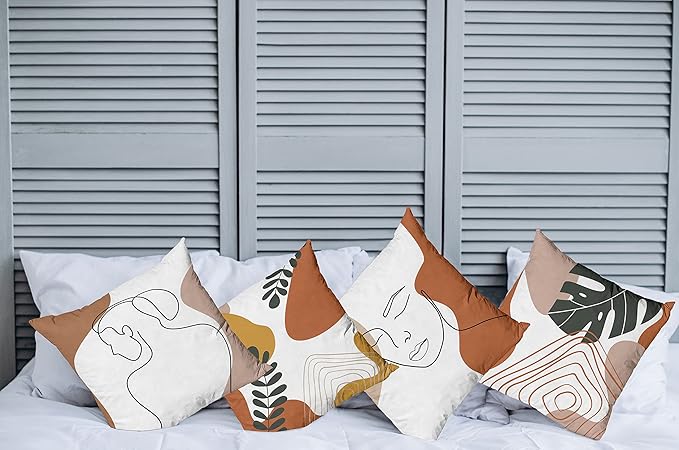 Ambesonne Minimal Throw Pillow Cushion Case Pack of 4, Modern Line Art Woman Portrait with Contemporary Leafy Geometric Details, Modern Accent Double-Sided Digital Printing, 24", Rust Tan and Mustard