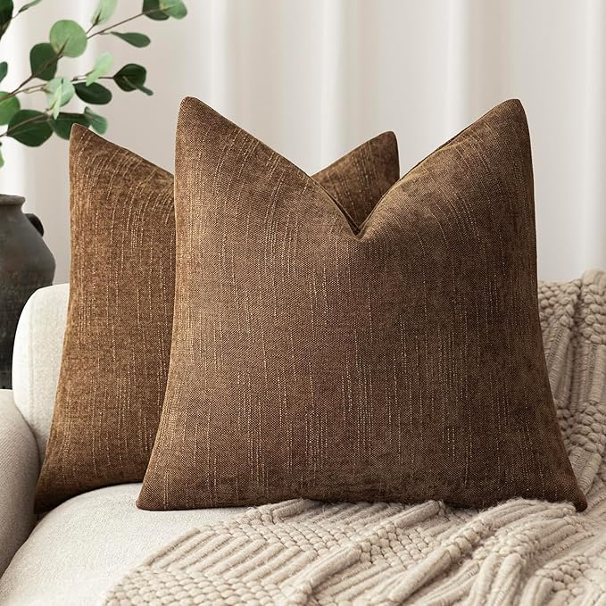 Foindtower Set of 2 Soft Textured Chenille Throw Decorative Pillow Covers Square Accent Solid Cushion Cover Cozy Neutral Farmhouse Pillow Case for Couch Sofa Bedroom Living Room 20x20 Inch,Dark Bronze